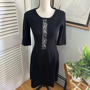 Betsey Johnson Sweater Dress Small Black Sheath Lace Trim Dainty Goth Cocktail